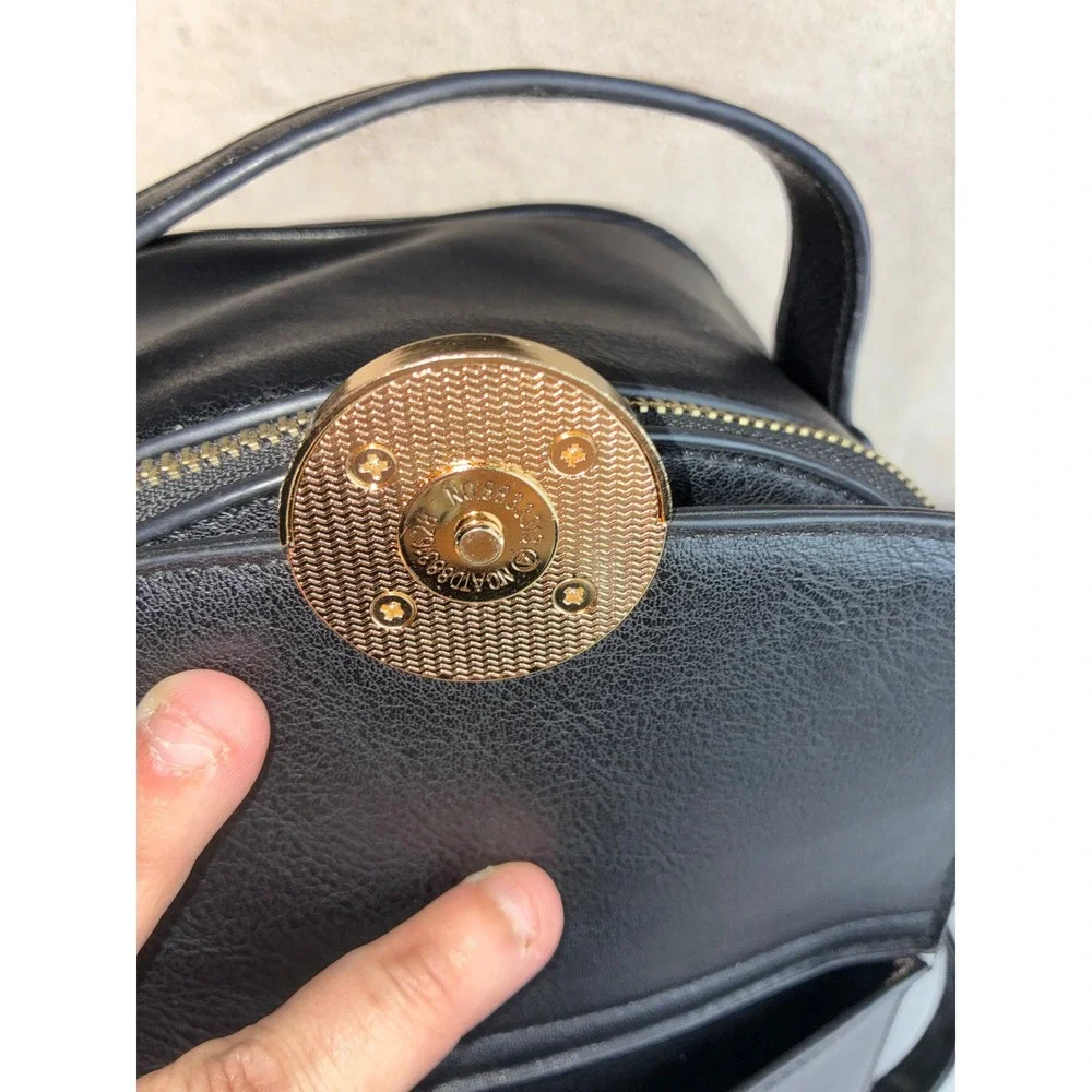Black Faux Leather Mini Backpack - Small - Gold Hardware Chain Lining Chic Dark